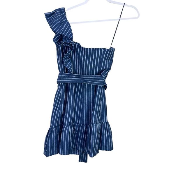 NEW Alexis Konner Striped One Shoulder Ruffle Denim Blue Mini Dress XS - Picture 5 of 10